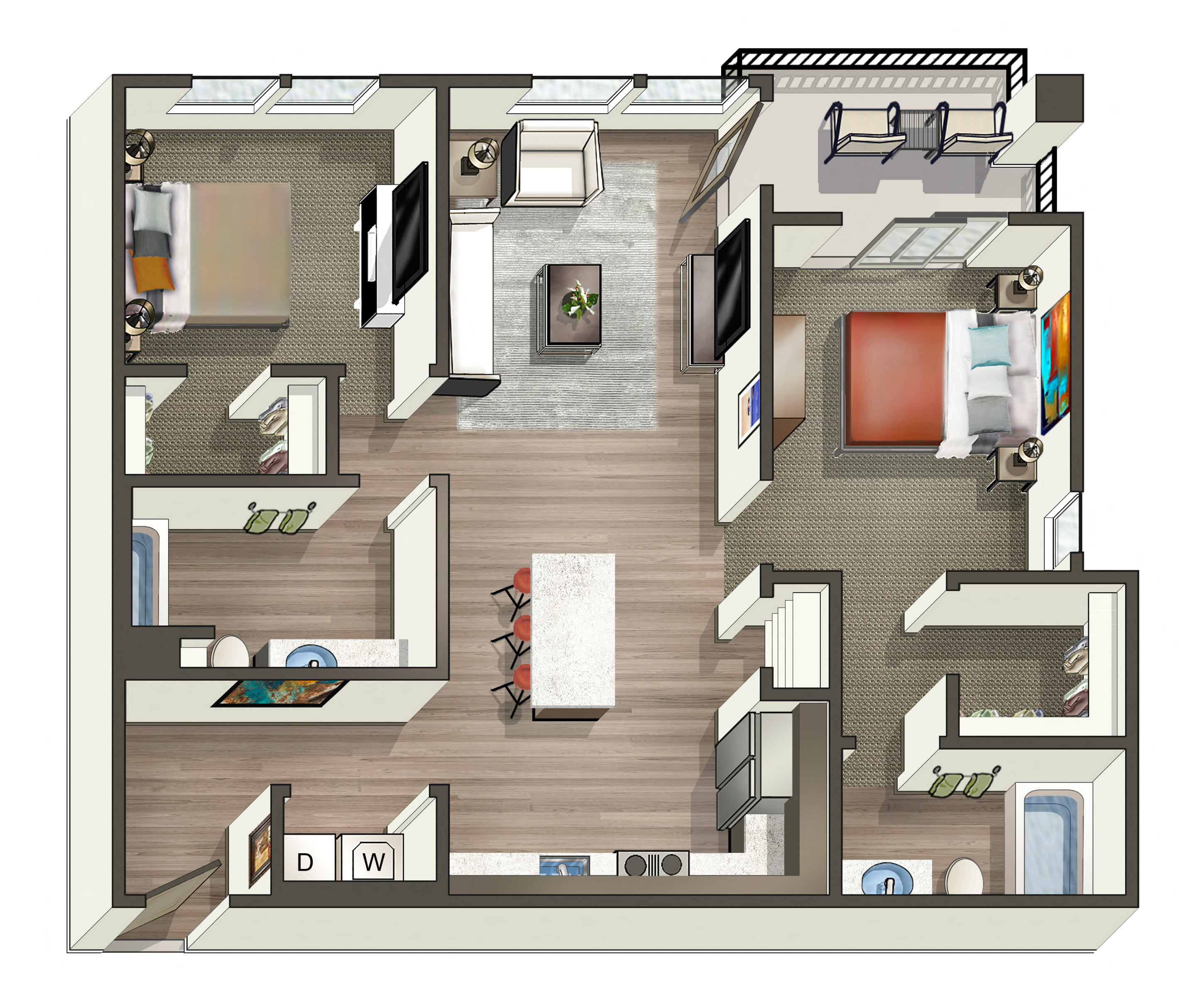 Floor plan for 2 beds, 2 baths, 1039 sqft